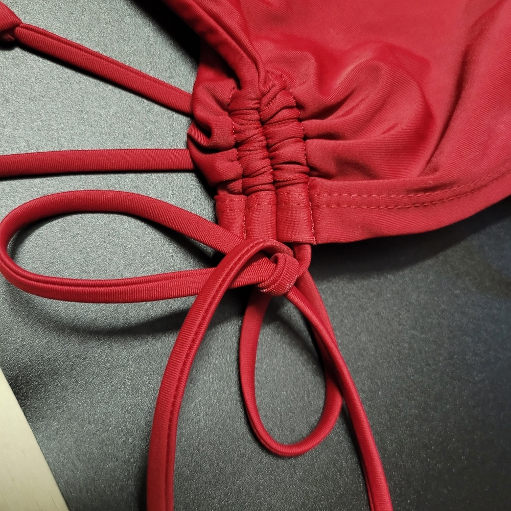 Solid Tummy Control Drawstring Side Tankini Set Red - Picture 11 of 13